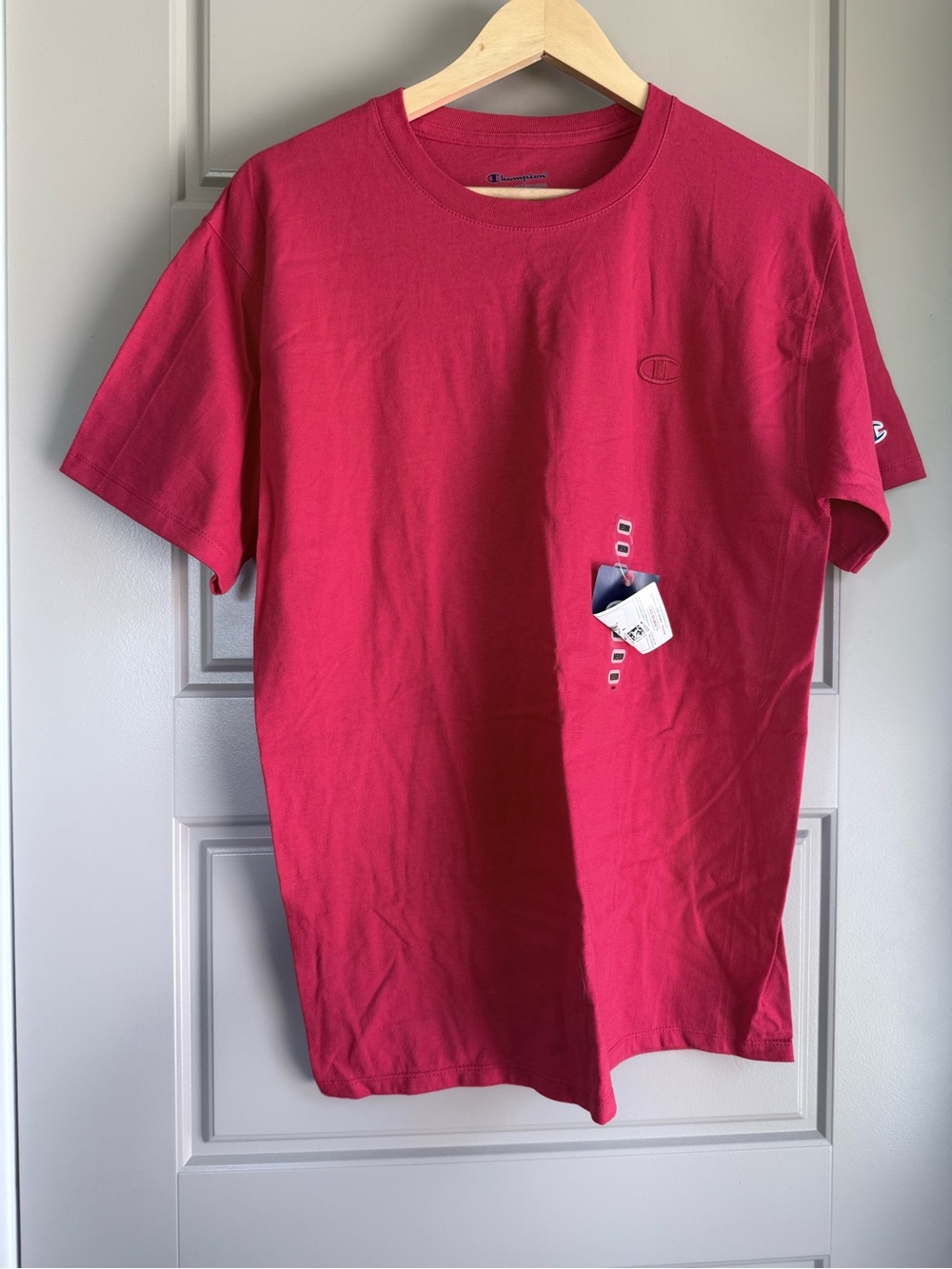 new Champion bright red 100% cotton logo emblem short sleeve shirt
